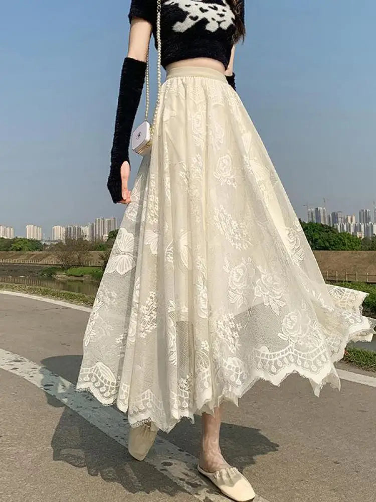 Spring Summer French Retro Solid Lace Slim Irregular Long Skirt Women High Waist Elegant Party Pleated Skirt Fashion Streetwear