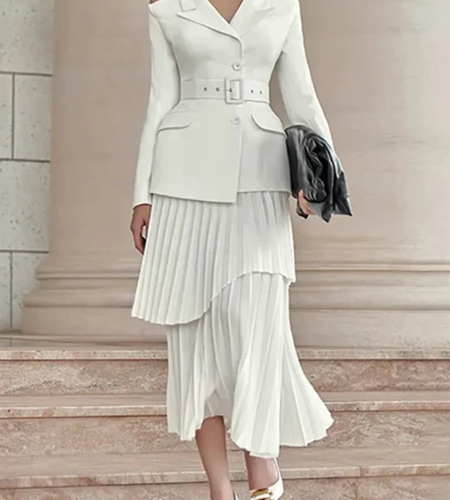 Solid Two Piece Set For Women Slash Neck Long Sleeve Tunic Coat High Waist Temperament Skirt Sets Female Fashion