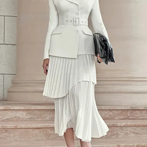 Load image into Gallery viewer, Solid Two Piece Set For Women Slash Neck Long Sleeve Tunic Coat High Waist Temperament Skirt Sets Female Fashion
