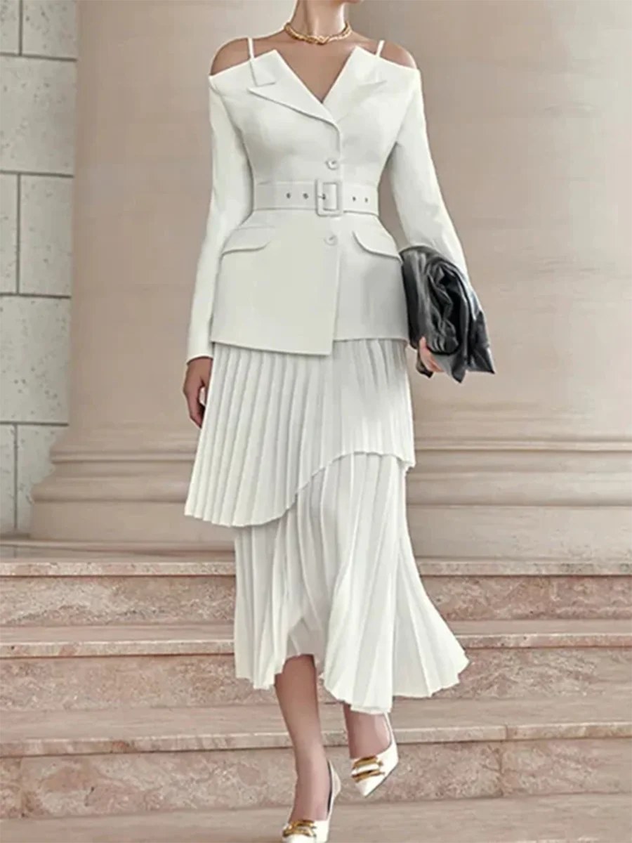 Solid Two Piece Set For Women Slash Neck Long Sleeve Tunic Coat High Waist Temperament Skirt Sets Female Fashion