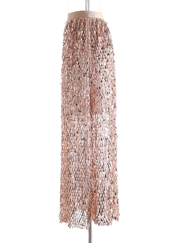 High Elastic Waist Khaki Sequins Shining Elegant Long Party Half-body Skirt Women Fashion New Spring Autumn 2025  1DJ1076