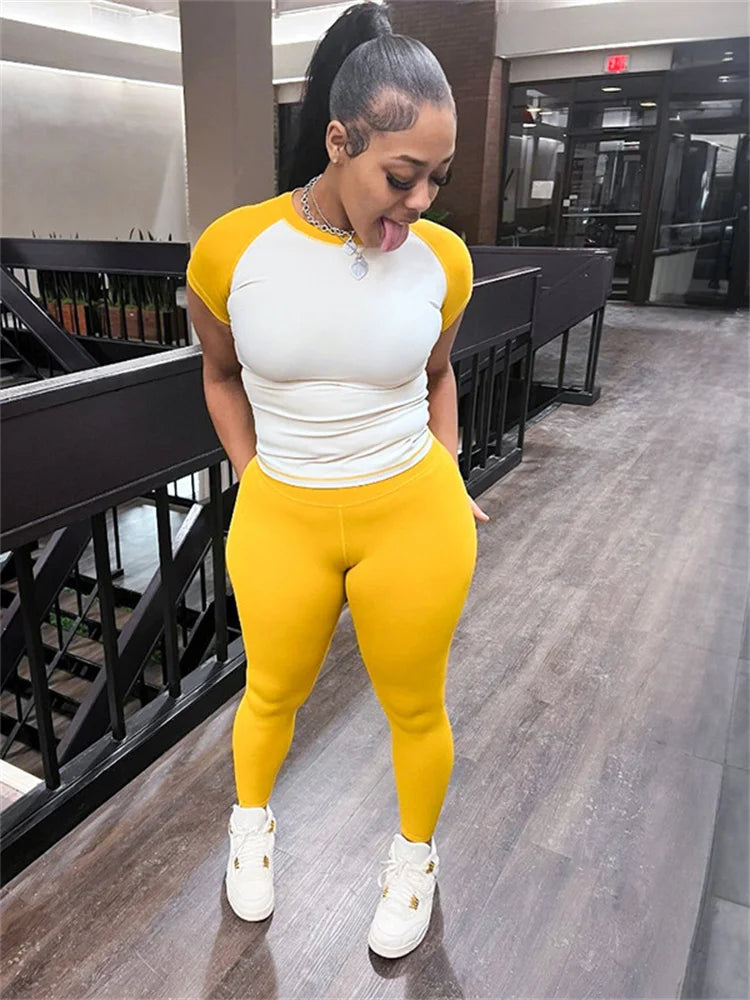 Simple Casual Sporty 2 Piece Set Women Contrast Patchwork Short Sleeve T-Shirts+Skinny Stretch Sweatpants Fit Tracksuits
