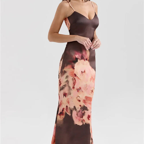 Load image into Gallery viewer, Satin Floral Print Sexy Maxi Dress Women Gown Elegant Spaghetti Strap Sleeveless Backless Bodycon Evening Club Dress
