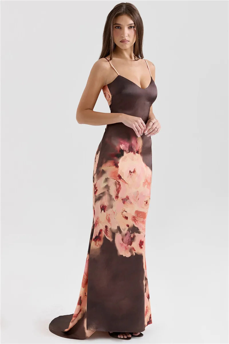 Satin Floral Print Sexy Maxi Dress Women Gown Elegant Spaghetti Strap Sleeveless Backless Bodycon Evening Club Dress