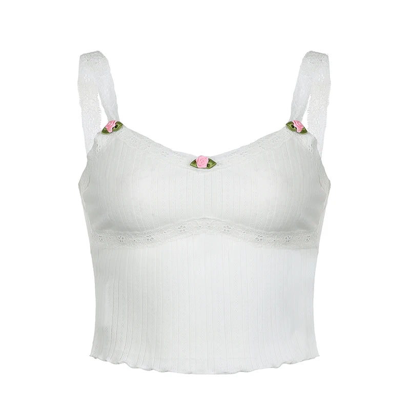 Sweet White Knit Appliques Summer Mini Top for Women Cutecore Lace Trim Y2K Aesthetic Coquette Clothes Korean Camis