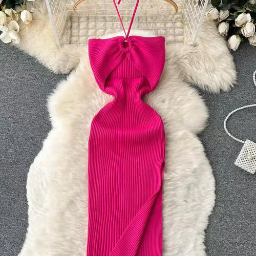 Load image into Gallery viewer, Korean Women's Solid Elegant Sexy Club Slim Wrapped Hip Halter Lace-up Split Long Dress Summer Vacation Knitted Party Dress Chic
