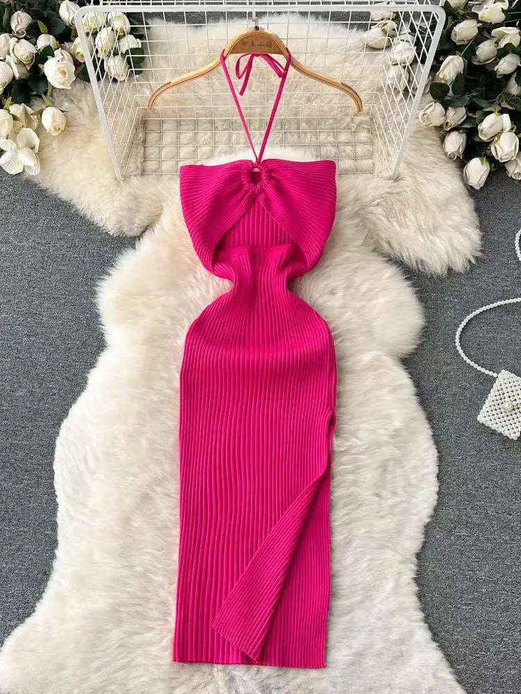 Korean Women's Solid Elegant Sexy Club Slim Wrapped Hip Halter Lace-up Split Long Dress Summer Vacation Knitted Party Dress Chic