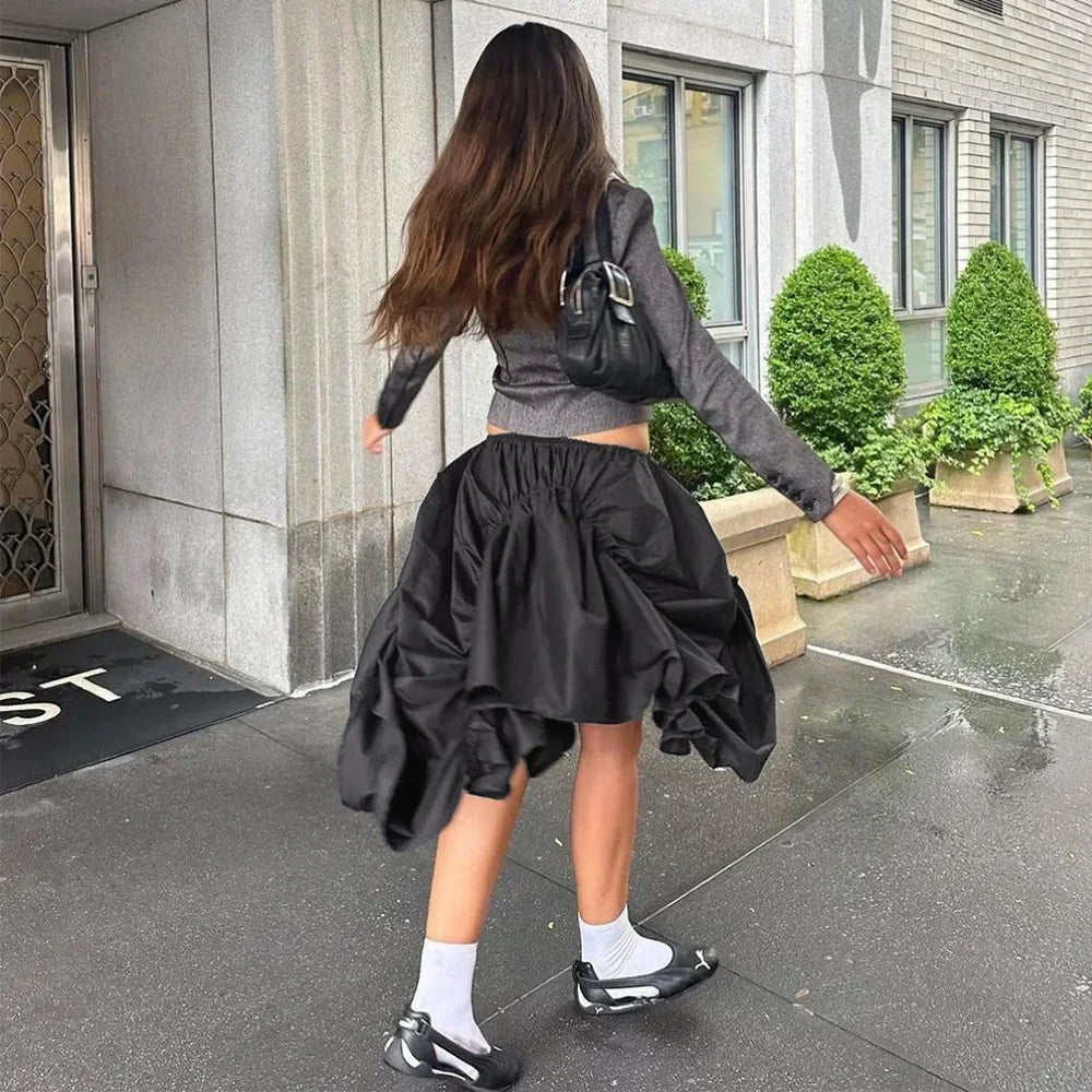 Womens Black Skirt Short Irregular Ruched Skirts for Woman Streetwear Harajuku Fashion P82-EF22