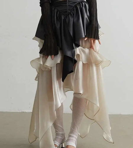 High Elastic Waist Champagne Glossy Irregular Ruffles Elegant Skirt Women Fashion Tide New Spring Autumn 2025 1DH2124