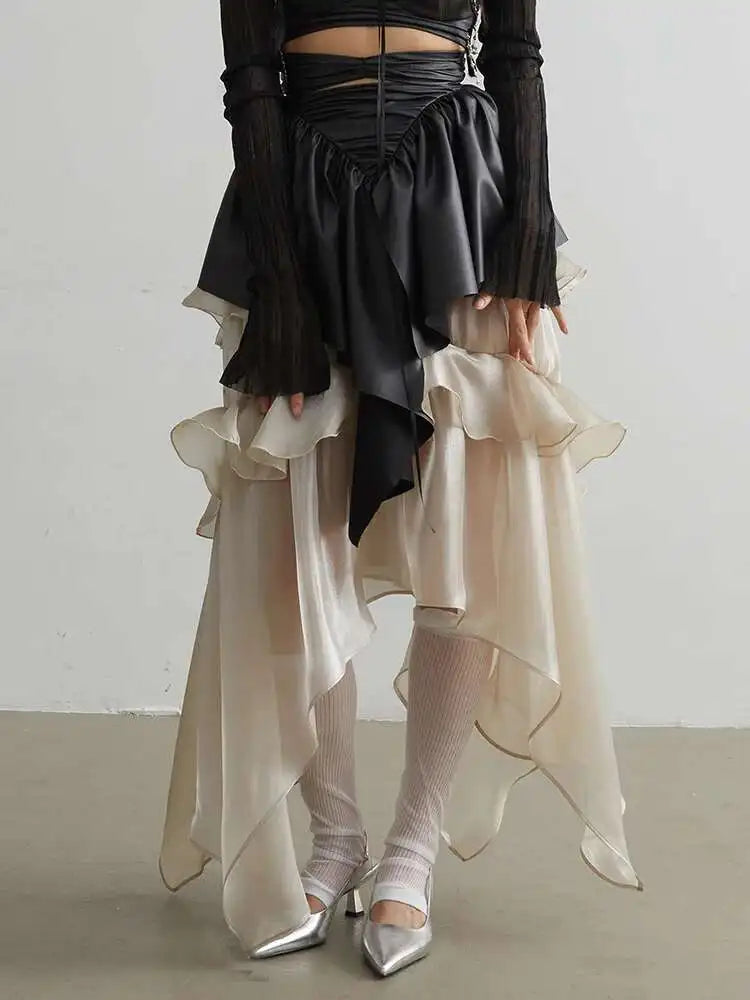 High Elastic Waist Champagne Glossy Irregular Ruffles Elegant Skirt Women Fashion Tide New Spring Autumn 2025 1DH2124