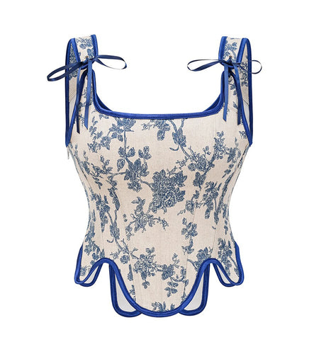 Corset Crop Tops Sexy Women French Vintage Floral Sleeveless Tie-up Bustier T Shirts Ladies Clothes Summer Streetwear