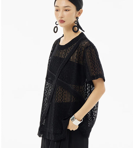 Women White Lace Perspecvtive Big Size Thin T-shirt New Round Neck Short Sleeve Fashion Tide Spring Summer 2025 1DH5692