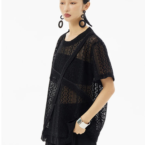 Load image into Gallery viewer, Women White Lace Perspecvtive Big Size Thin T-shirt New Round Neck Short Sleeve Fashion Tide Spring Summer 2025 1DH5692
