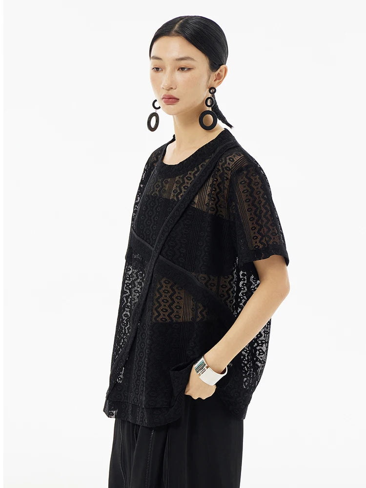 Women White Lace Perspecvtive Big Size Thin T-shirt New Round Neck Short Sleeve Fashion Tide Spring Summer 2025 1DH5692