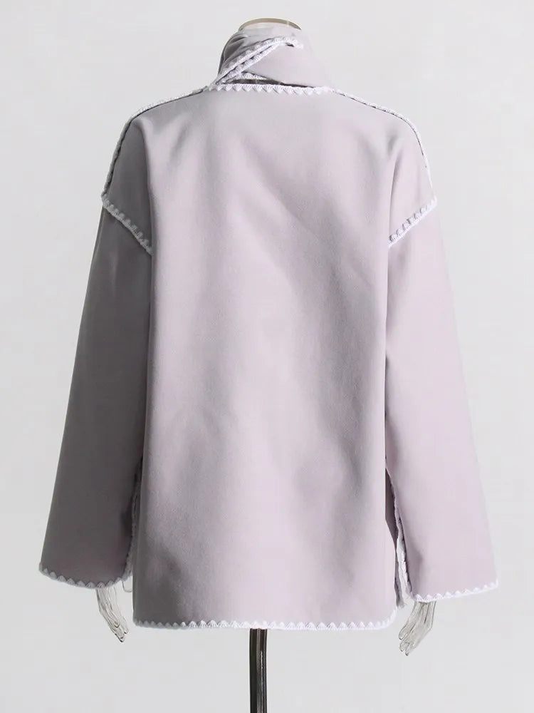 Spliced Pockets Casual Coats For Women Scarf Collar Long Sleeve Patchwork Tassel Loose Minimalist Winter Coat Female Style