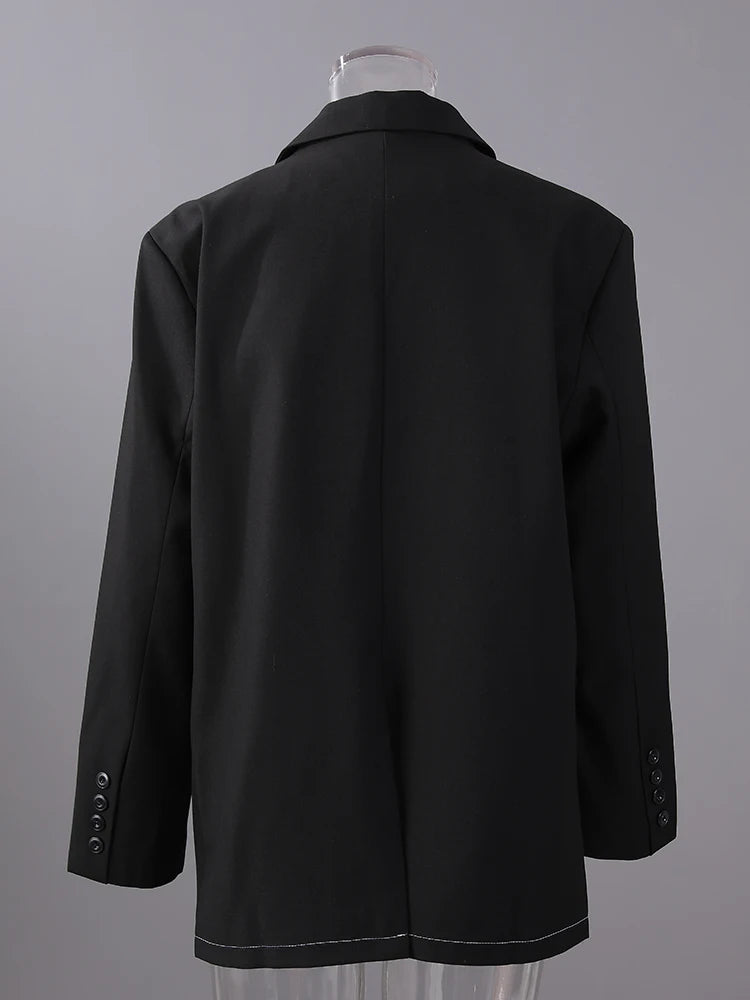 Women Black Striped Color-block Big Size Blazer New Lapel Long Sleeve Jacket Fashion Tide Spring Autumn 2025 2AA2393