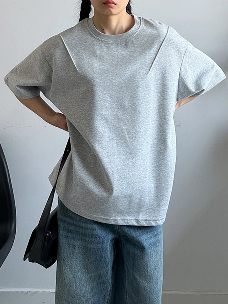 Women White Pleated Brief Big Size Casual T-shirt New Round Neck Short Sleeve Fashion Tide Spring Summer 2025 1DJ1177