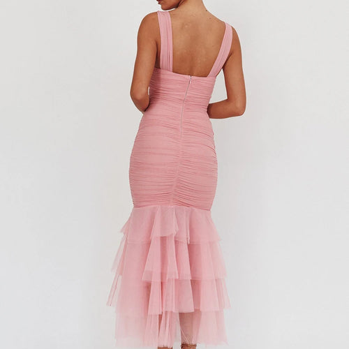 Load image into Gallery viewer, Mesh Backless Sexy Maxi Dress For Women Gown Two Layer Spaghetti Strap Sleeveless Ruched Bodycon Club Party Dress
