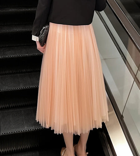 Black Fashion Mesh Skirt For Women High Waist A Line Solid Minimalist Midi Skirts Female Summer Clothing Style