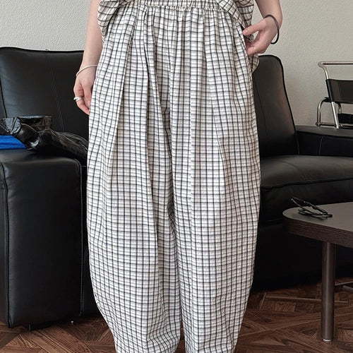 Load image into Gallery viewer, High Elastic Waist Blue Plaid Brief Casual Wide Leg Pants New Trousers Women Fashion Tide Spring Autumn 2025 1DJ0747
