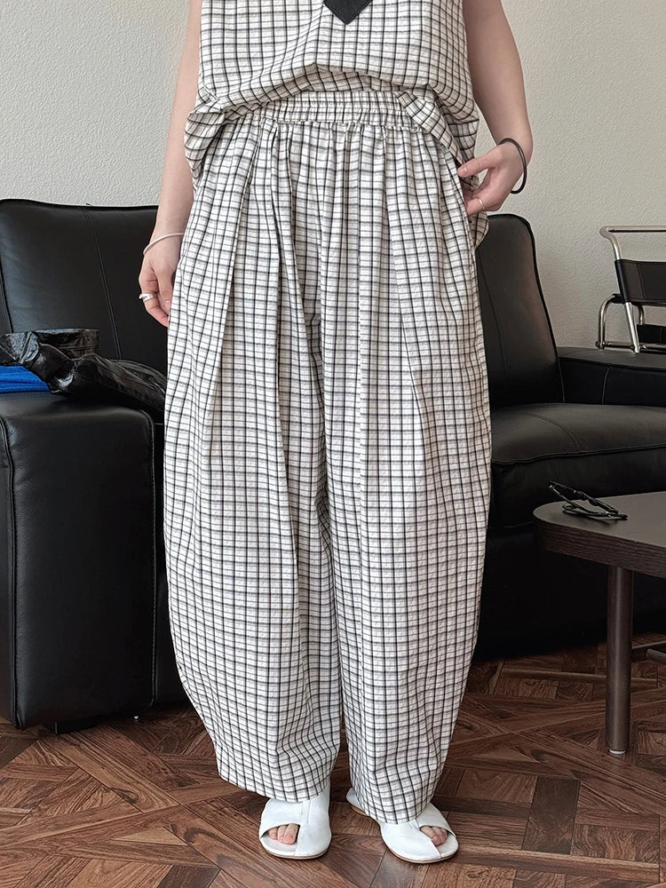 High Elastic Waist Blue Plaid Brief Casual Wide Leg Pants New Trousers Women Fashion Tide Spring Autumn 2025 1DJ0747