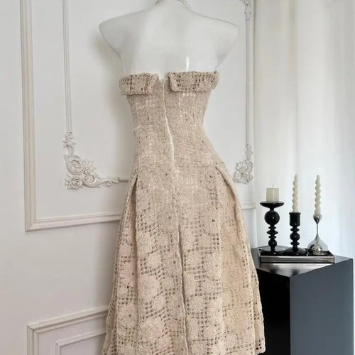 Load image into Gallery viewer, Summer 2024 Khaki Sleeveless Backless Elegant Sexy Club Strapless Dress Women Hollow Out Flower Crochet Party Long Dress Popular
