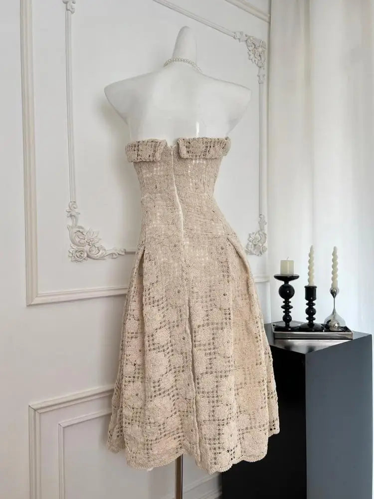 Summer 2024 Khaki Sleeveless Backless Elegant Sexy Club Strapless Dress Women Hollow Out Flower Crochet Party Long Dress Popular