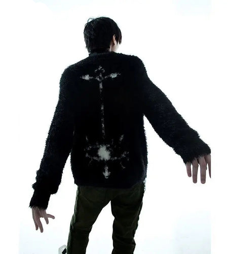 Y2k Aesthetic Vintage Jacquard Harajuku Knitted Sweater Men and Women Causal Loose Pullover Winter Fur Black Oversized Jumpers