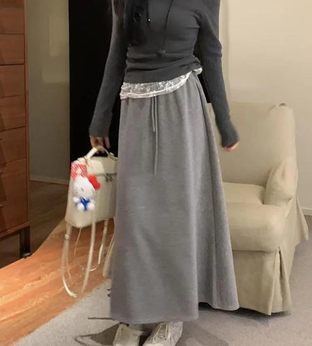 Autumn Winter New Solid Velvet High Waist Long Skirt Women Korean Fashion Elegant Vacation Drawstring Lace-up A-line Thick Skirt