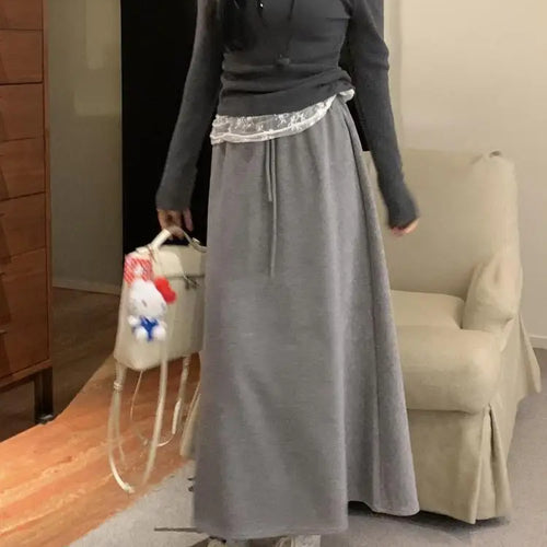 Load image into Gallery viewer, Autumn Winter New Solid Velvet High Waist Long Skirt Women Korean Fashion Elegant Vacation Drawstring Lace-up A-line Thick Skirt
