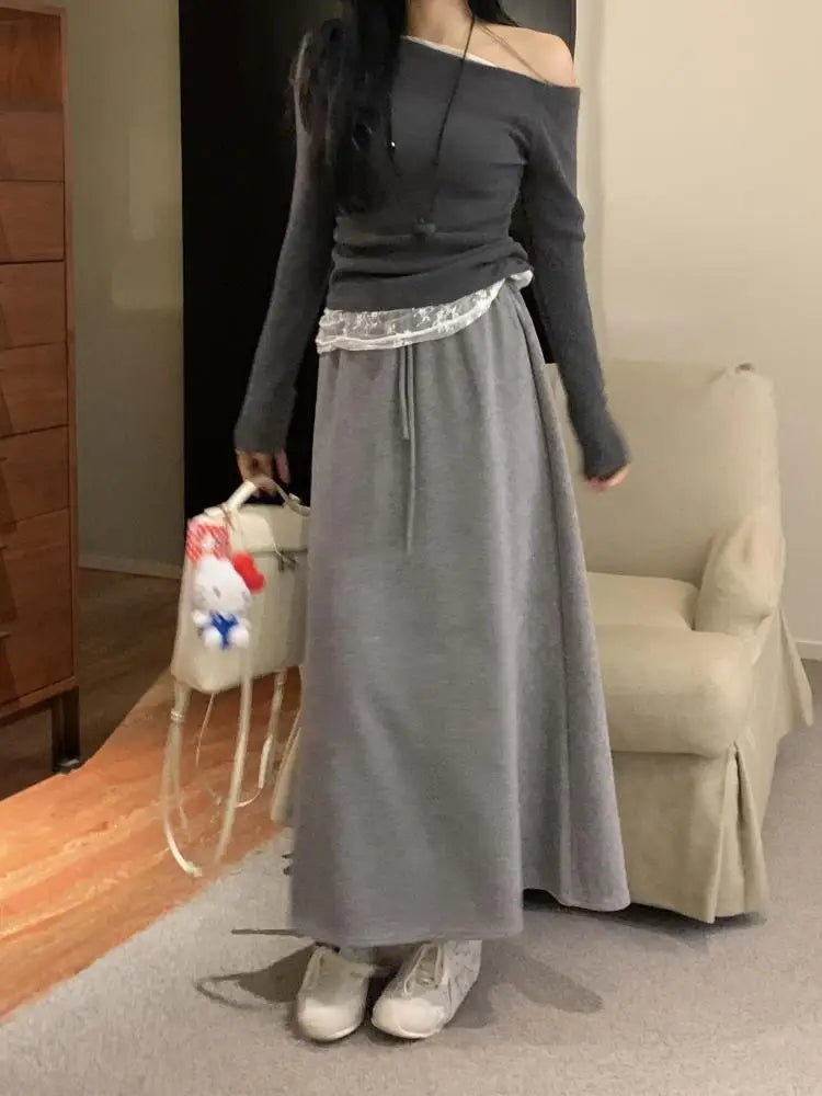 Autumn Winter New Solid Velvet High Waist Long Skirt Women Korean Fashion Elegant Vacation Drawstring Lace-up A-line Thick Skirt