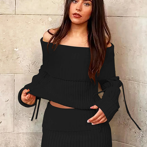 Load image into Gallery viewer, Fashion 2 Pcs Sets Solid Slash Neck Long Sleeve Shirring Sexy Crop Top Mini Skirt Women Casual Outfits Party Vacation
