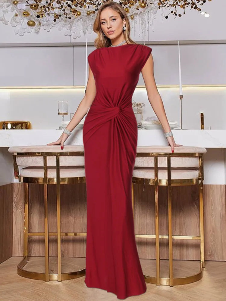 Sleeveless Ruched Sexy Maxi Dress For Women Gown Fashion Solid O Neck High Waist Bodycon Club Long Dress Vestido