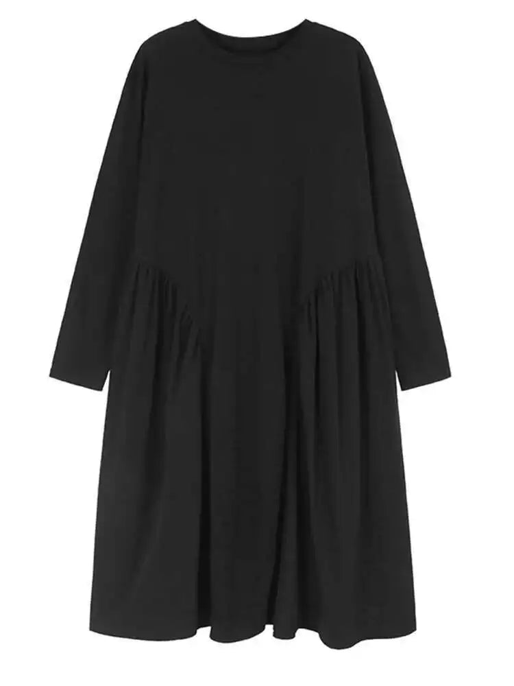 Women Black Side Pleated Spliced Big Size Midi Dress New Round Neck Long Sleeve Fashion Tide Spring Autumn 2025 1DH7010