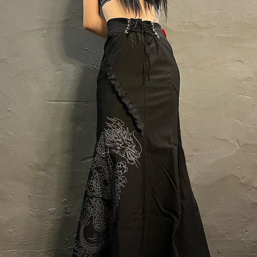 Load image into Gallery viewer, Chinese Style Vintage Fashion Dragon Print Long Skirt Lace Up Ruffles Elegant Women Skirts High Waist Gothic Clothes
