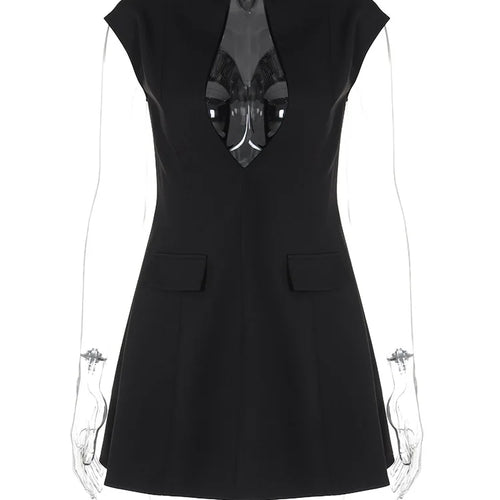 Load image into Gallery viewer, Black Sleeveless Sexy Mini Dress For Women Fashion Zipper Deep V Neck Two Pocket A-line Night Club Party Dress Elegant
