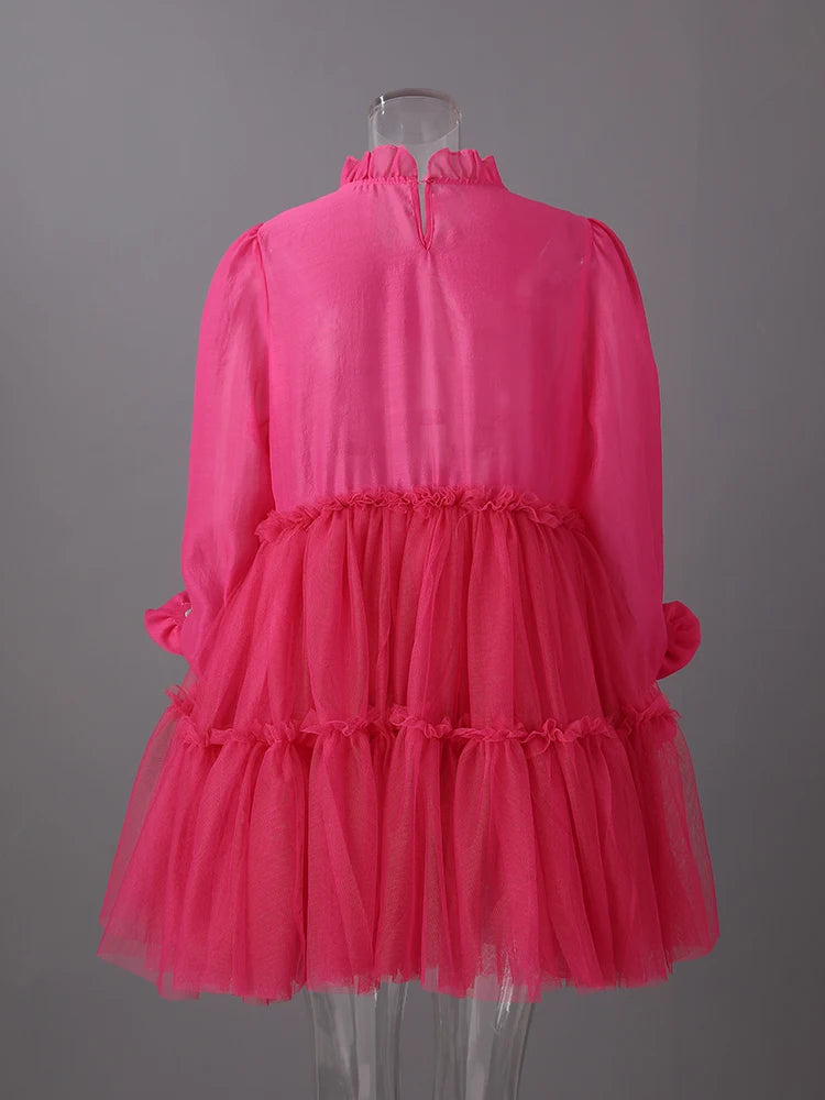 Women Rose Red Mesh Flower Big Size Mini Dress New Stand Collar Long Sleeve Fashion Tide Spring Autumn 2025 CPG3051