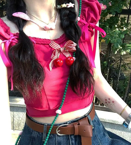 Shirts for Women Crop Tops Fashion Sweet Summer Tshirts 2024 Ropa Mujer Bandage Bow Short Sleeve Japanese Cute Y2k T Shirts