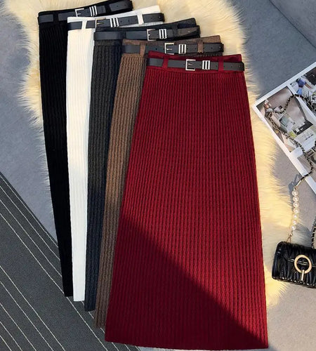 Women's Solid Elegant Office Lady Knitted Long Skirt Retro High Waist Party Wrap Hip Pleated Skirt 2024 Autumn Winter Simplicity