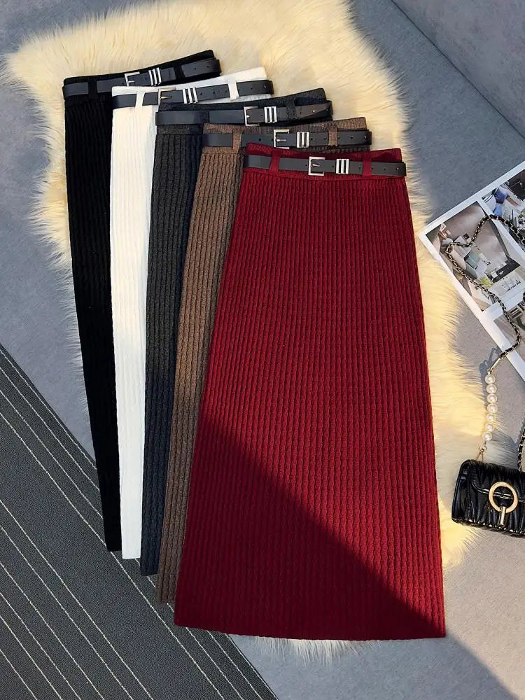 Women's Solid Elegant Office Lady Knitted Long Skirt Retro High Waist Party Wrap Hip Pleated Skirt 2024 Autumn Winter Simplicity