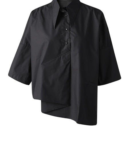 Women White Irregular Hem Pocket Big Size Blouse New Lapel Half Sleeve Shirt Fashion Tide Spring Summer 2025 CPG3166