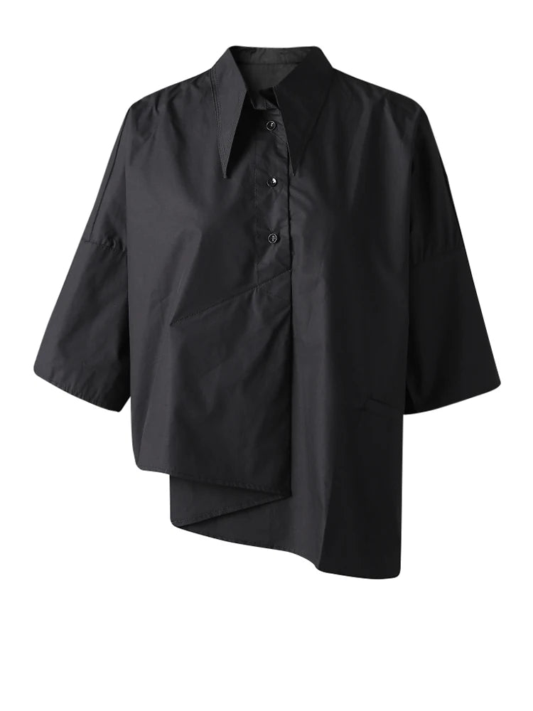 Women White Irregular Hem Pocket Big Size Blouse New Lapel Half Sleeve Shirt Fashion Tide Spring Summer 2025 CPG3166