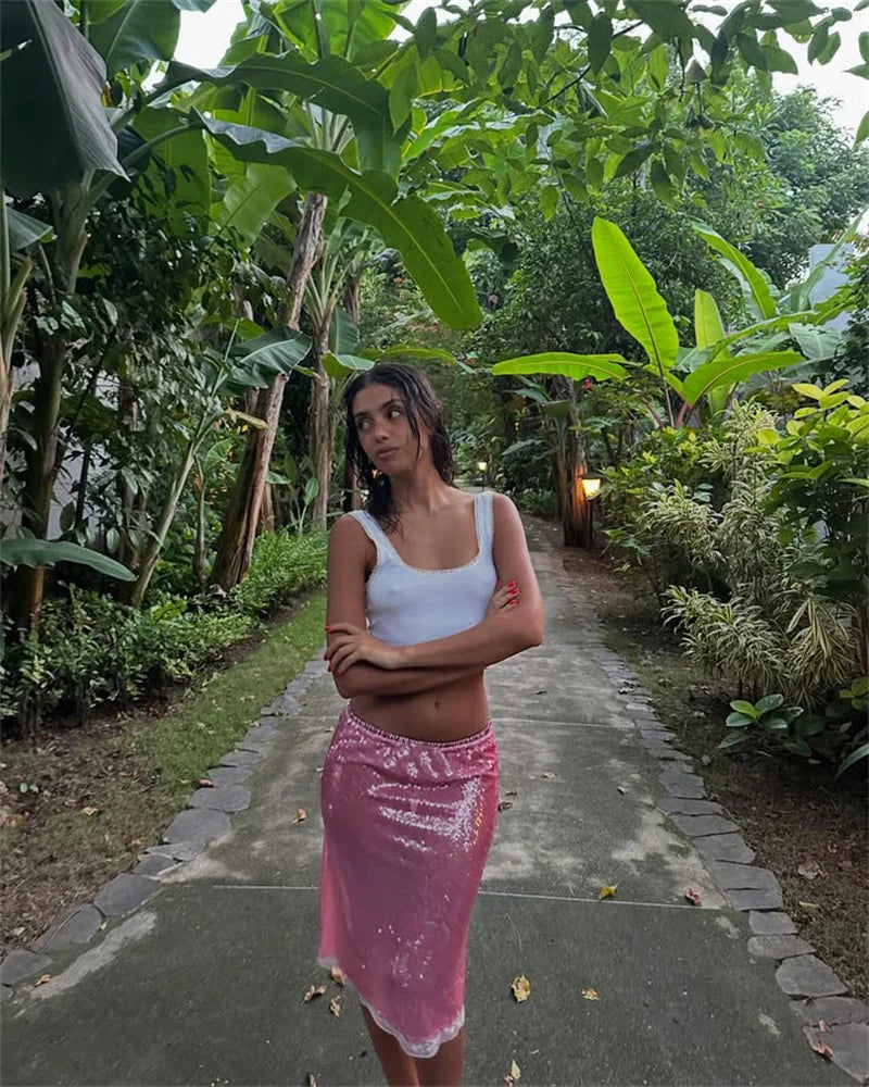 Sequin Summer Beach Sexy Skirt Women Elegant Sparkle High Waist A-line Skirts Female Pink Vacation Club Party Skirt