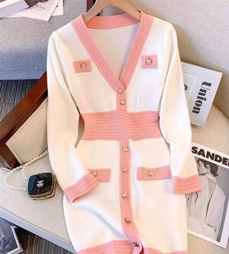 Spring French Black Temperament V Neck Long Sleeve Button Dress Women White Pink Patchwork Office Wrap Hip Knit Short Dress Chic