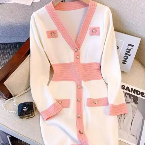 Load image into Gallery viewer, Spring French Black Temperament V Neck Long Sleeve Button Dress Women White Pink Patchwork Office Wrap Hip Knit Short Dress Chic
