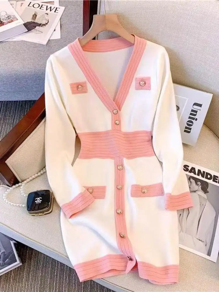 Spring French Black Temperament V Neck Long Sleeve Button Dress Women White Pink Patchwork Office Wrap Hip Knit Short Dress Chic
