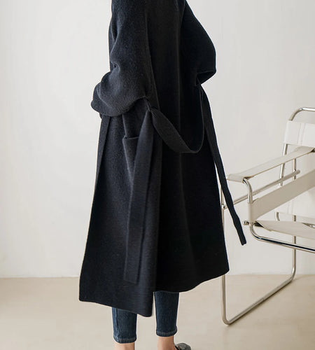 Black Belted Big Size Long Knitting Cardigan Sweater V-Neck Long Sleeve Women New Fashion Tide Spring Autumn 2025 1DH6446