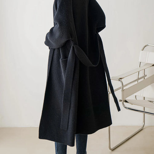 Load image into Gallery viewer, Black Belted Big Size Long Knitting Cardigan Sweater V-Neck Long Sleeve Women New Fashion Tide Spring Autumn 2025 1DH6446
