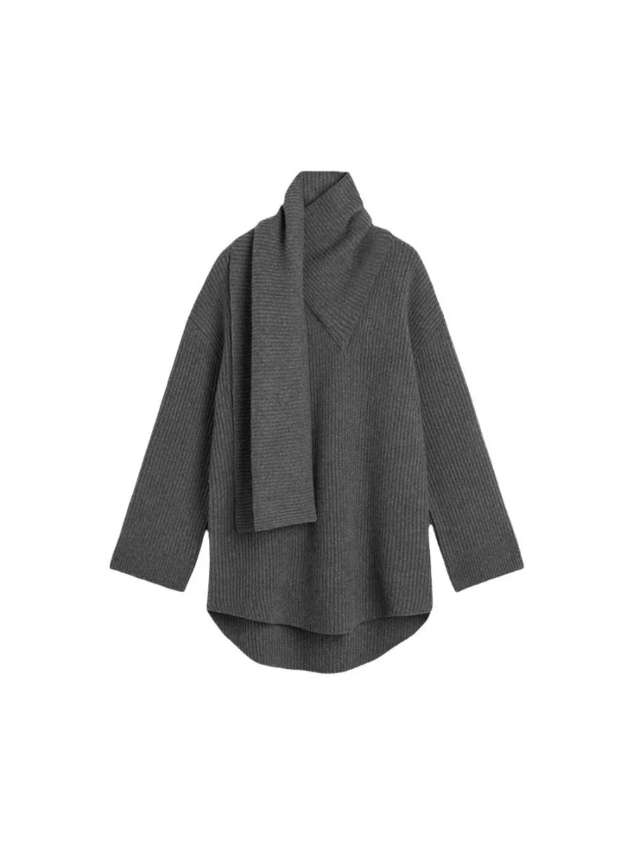 Solid Spliced Loose Sweaters for Women Scarf Neck Long Sleeve Minimalist Temperament Pullovers Female