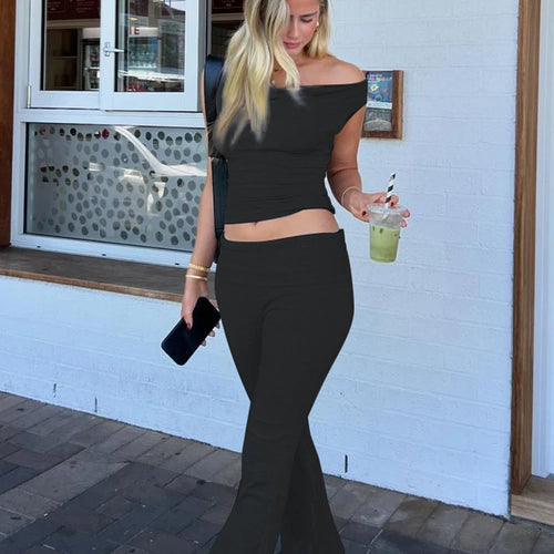 Load image into Gallery viewer, Fashion 2 Pcs Sets Solid Skew Collar Irregular Sexy Crop Tank Top Flare Pants Women Casual Outfits Festival Party
